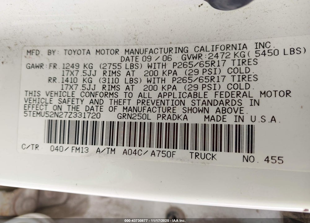 2007 TOYOTA TACOMA BASE V6 VIN: 5TEMU52N27Z331720