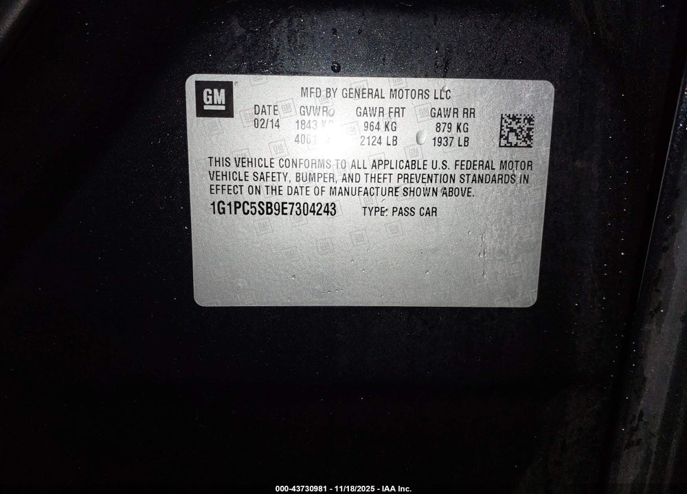2014 CHEVROLET CRUZE VIN: 1G1PC5SB9E7304243