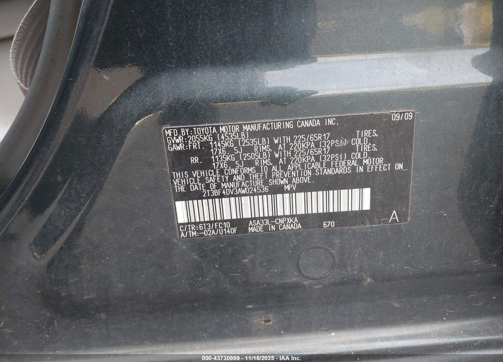 2010 TOYOTA RAV4 VIN: 2T3BS4DV3AW024536