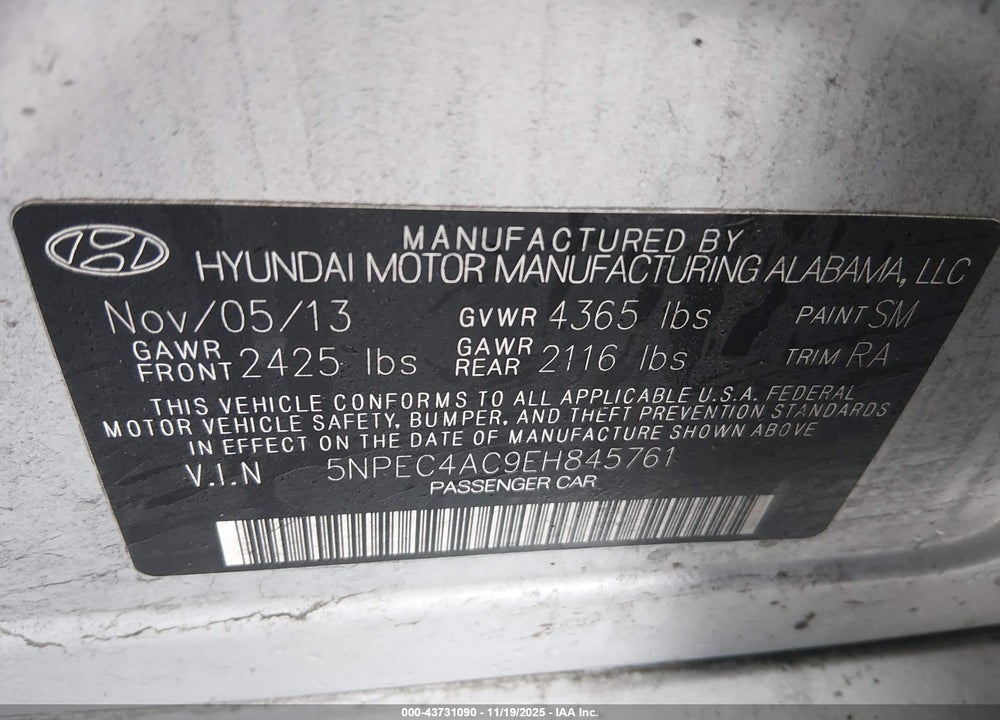 2014 HYUNDAI SONATA LIMITED VIN: 5NPEC4AC9EH845761
