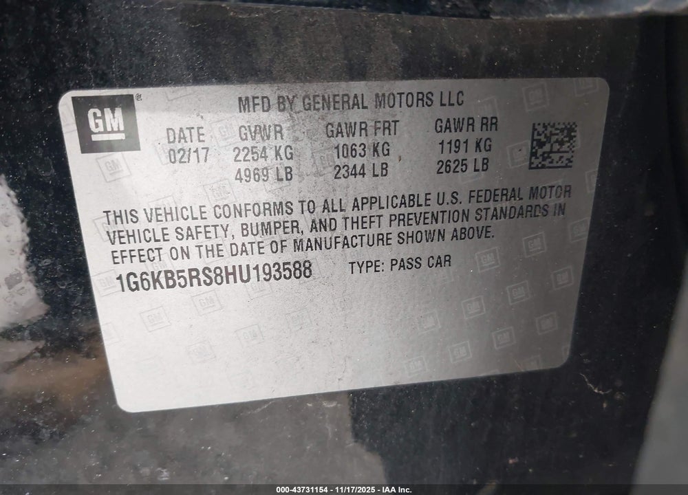 2017 CADILLAC CT6 STANDARD VIN: 1G6KB5RS8HU193588