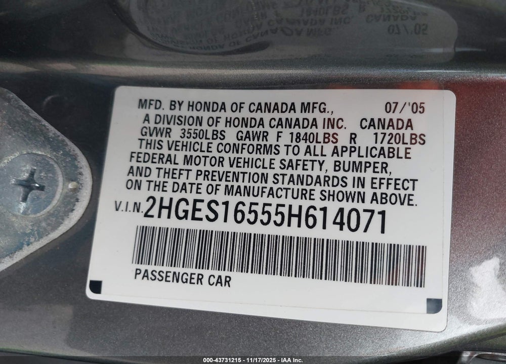 2005 HONDA CIVIC LX VIN: 2HGES16555H614071