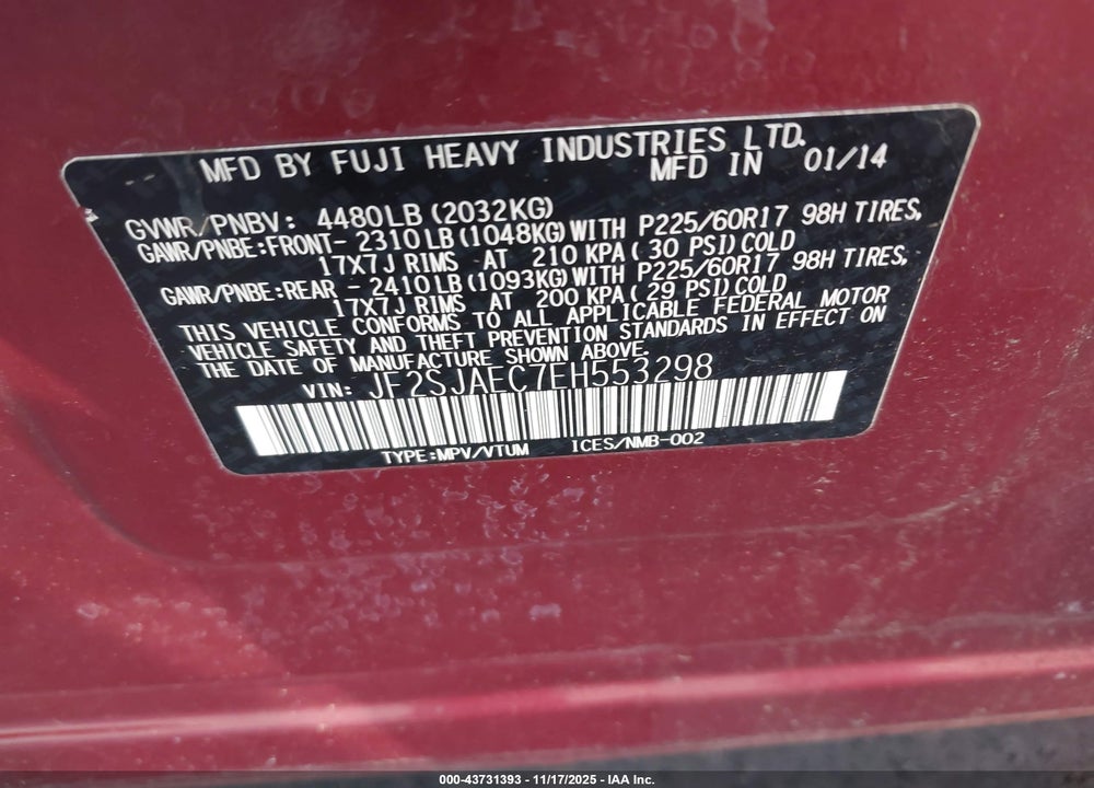2014 SUBARU FORESTER 2.5I PREMIUM VIN: JF2SJAEC7EH553298