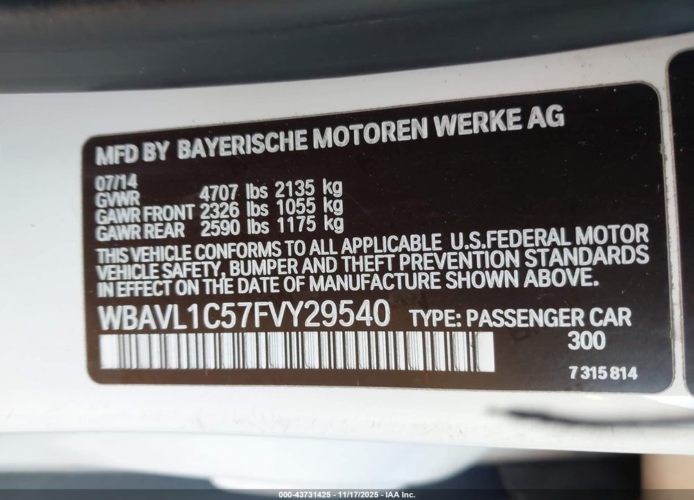 2015 BMW X1 XDRIVE28I VIN: WBAVL1C57FVY29540
