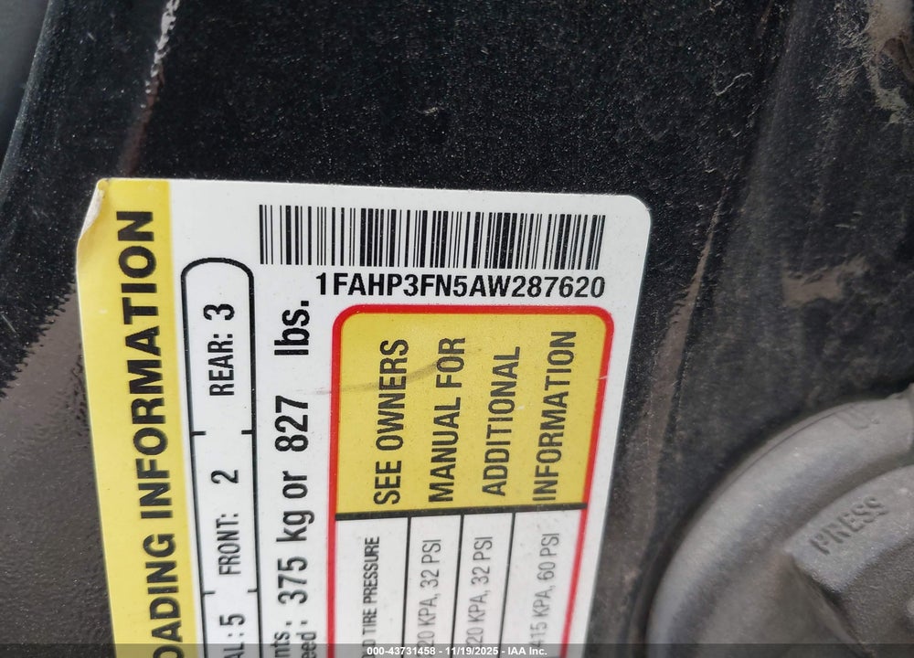 2010 FORD FOCUS SE VIN: 1FAHP3FN5AW287620