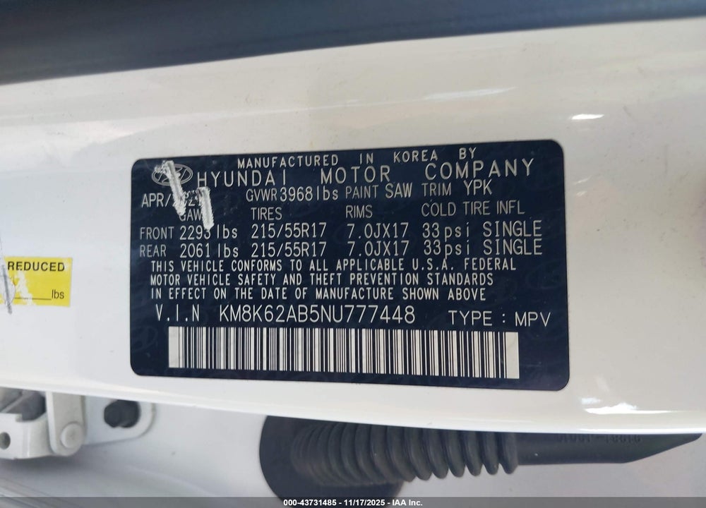 2022 HYUNDAI KONA SEL VIN: KM8K62AB5NU777448