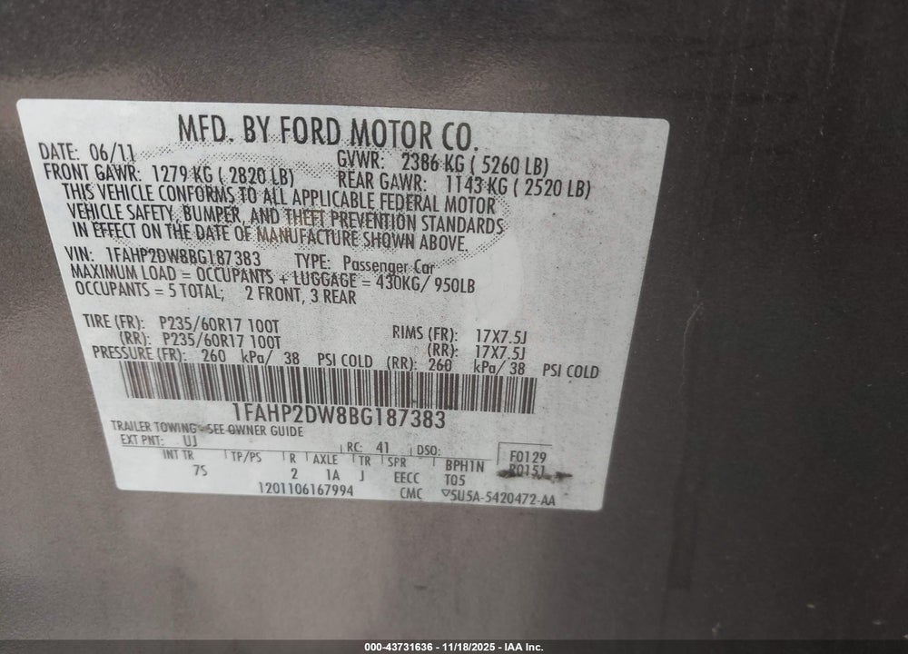 2011 FORD TAURUS SE VIN: 1FAHP2DW8BG187383