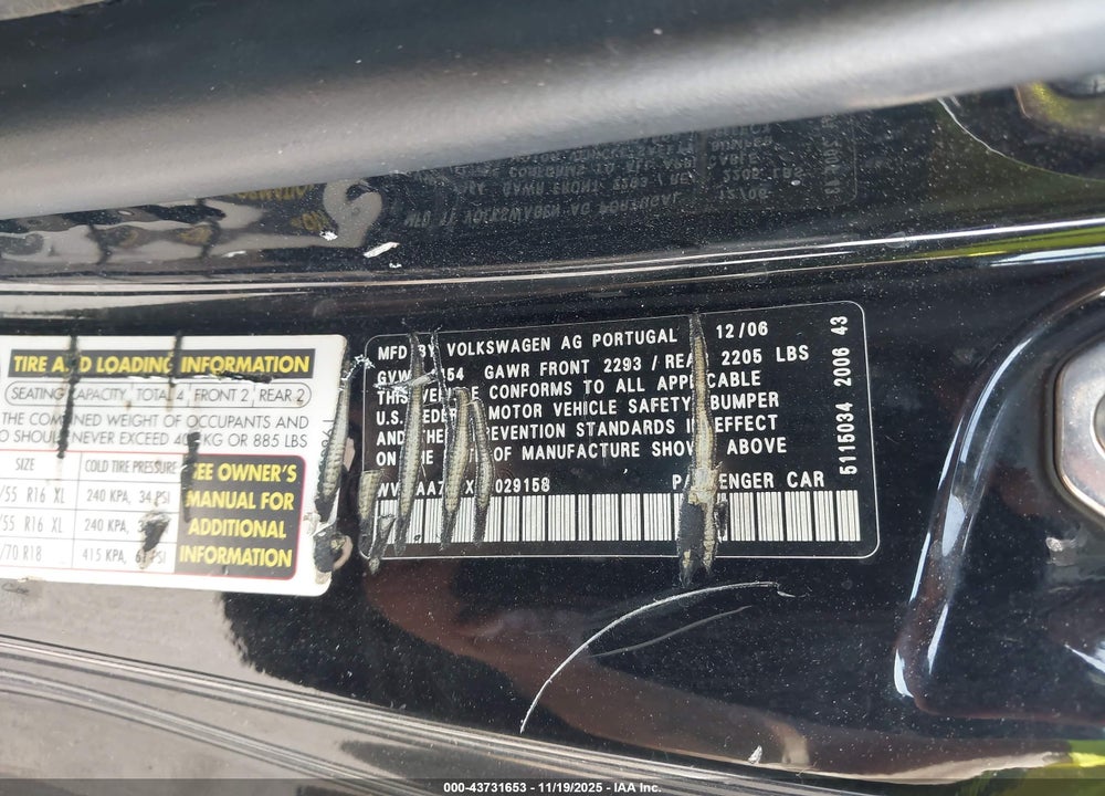 2007 VOLKSWAGEN EOS 2.0T VIN: WVWAA71FX7V029158