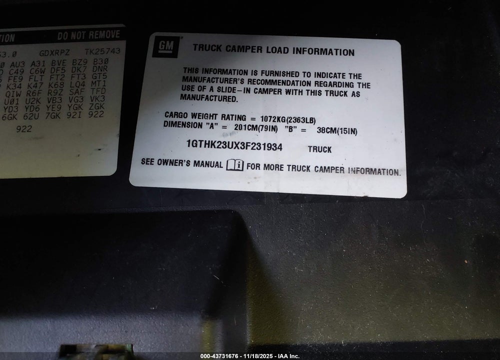 2003 GMC SIERRA 2500HD SLT VIN: 1GTHK23UX3F231934