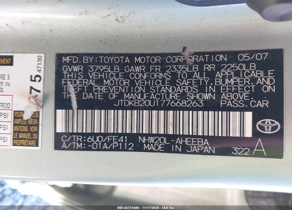 2007 TOYOTA PRIUS VIN: JTDKB20U177668263