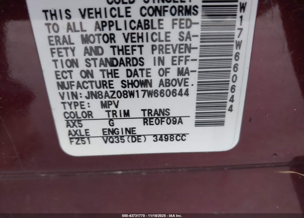 2007 NISSAN MURANO SL VIN: JN8AZ08W17W660644