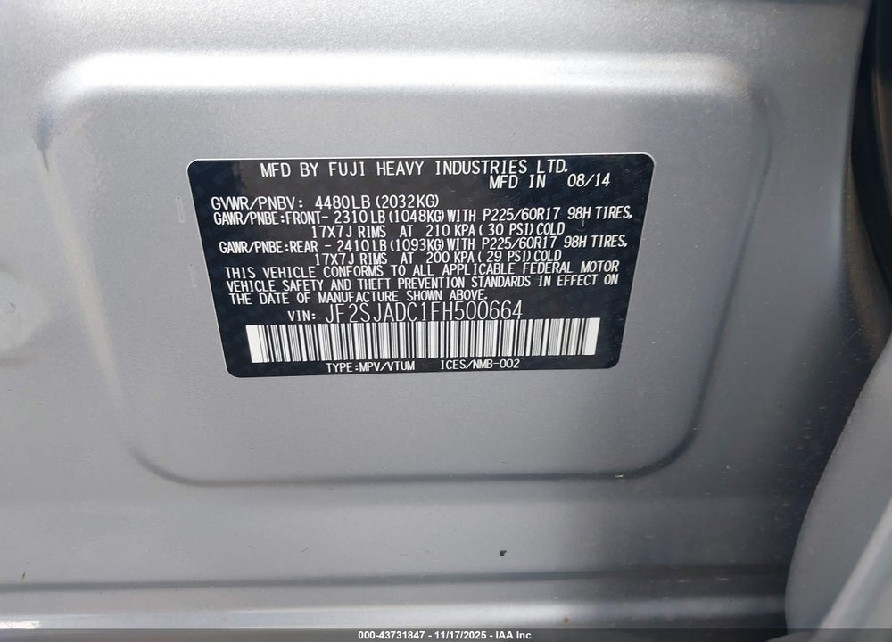 2015 SUBARU FORESTER VIN: JF2SJADC1FH500664