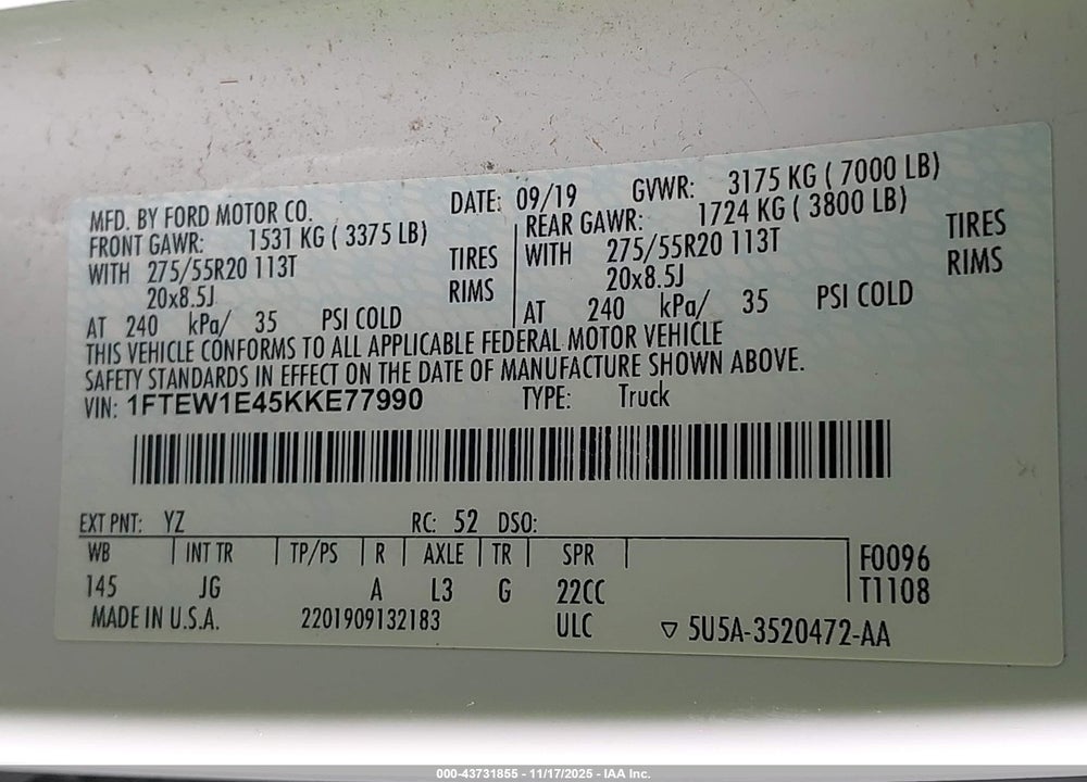 2019 FORD F-150 XL VIN: 1FTEW1E45KKE77990