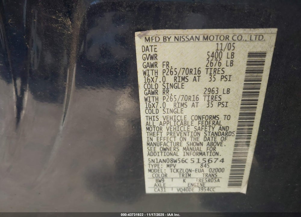 2006 NISSAN XTERRA X VIN: 5N1AN08W56C515674