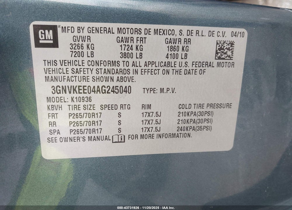 2010 CHEVROLET AVALANCHE VIN: 3GNVKEE04AG245040