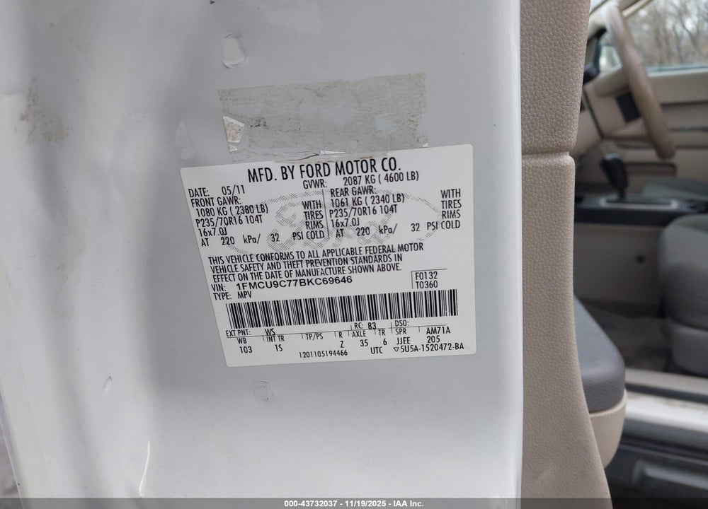 2011 FORD ESCAPE XLS VIN: 1FMCU9C77BKC69646