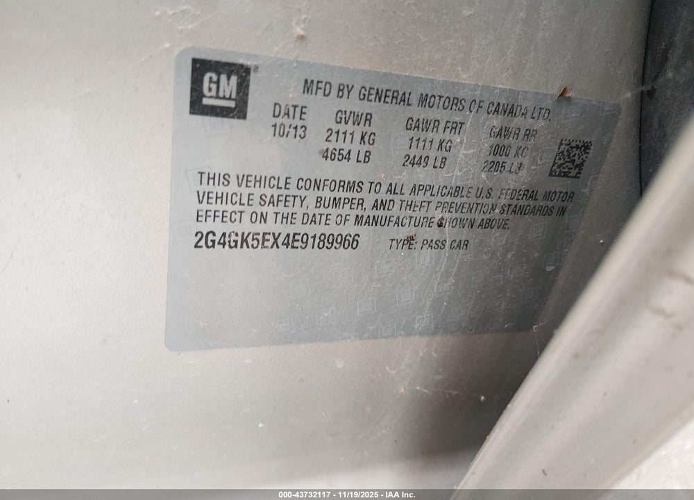 2014 BUICK REGAL TURBO VIN: 2G4GK5EX4E9189966