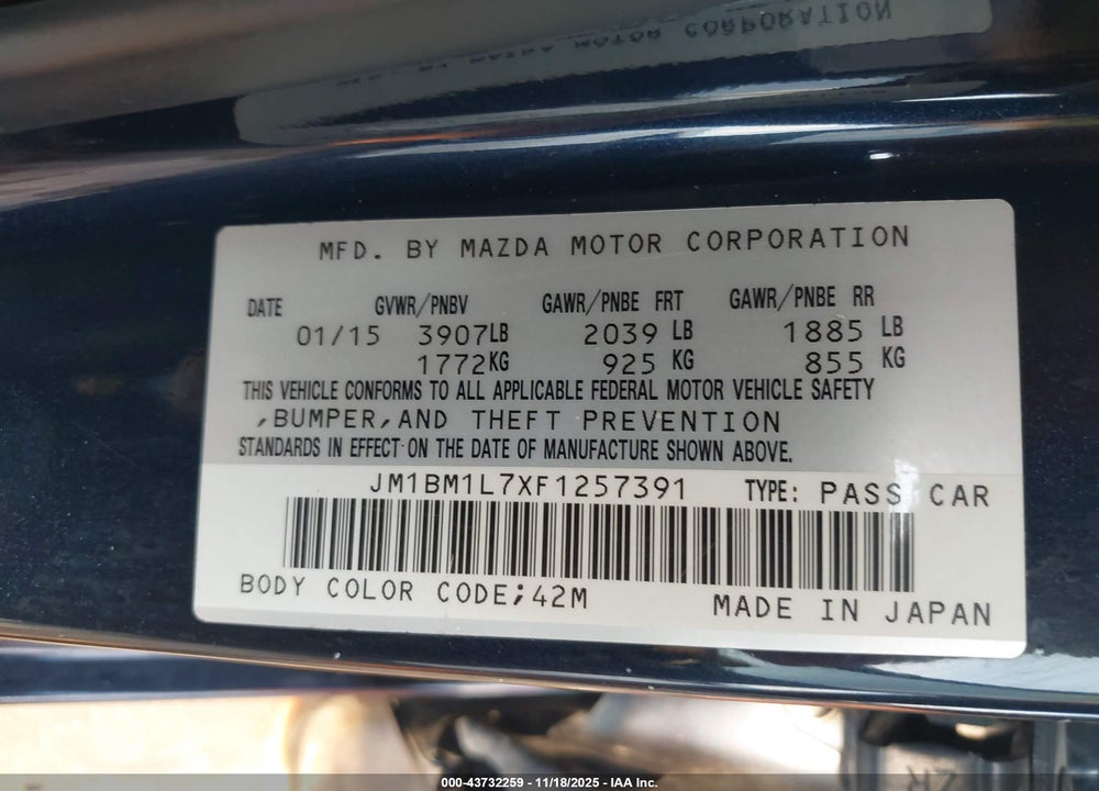 2015 MAZDA 3 I TOURING VIN: JM1BM1L7XF1257391