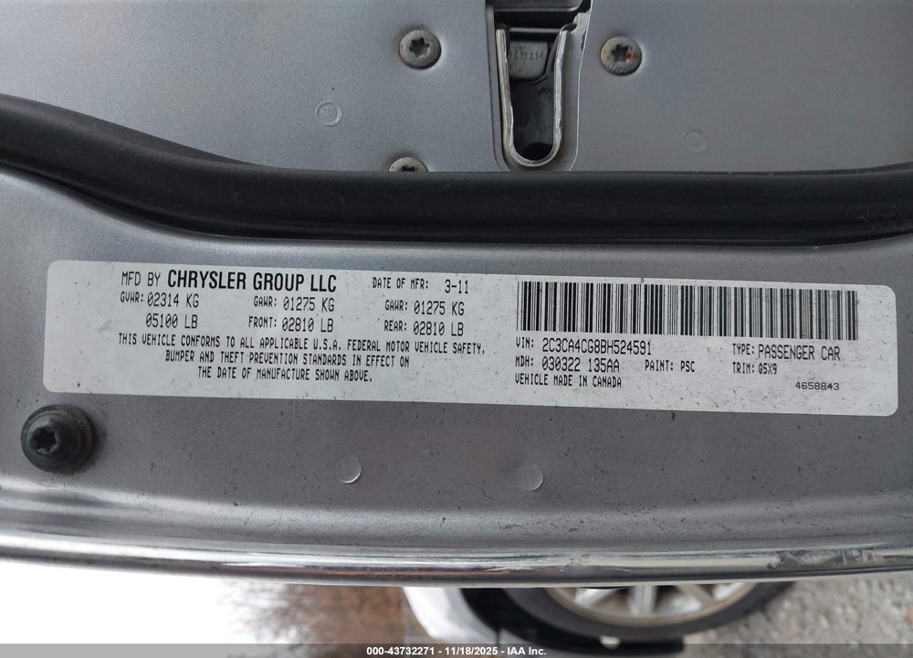 2011 CHRYSLER 300 VIN: 2C3CA4CG8BH524591