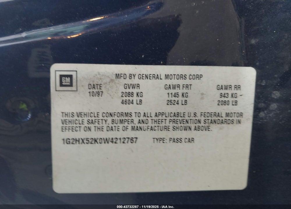 1998 PONTIAC BONNEVILLE SE VIN: 1G2HX52K0W4212767