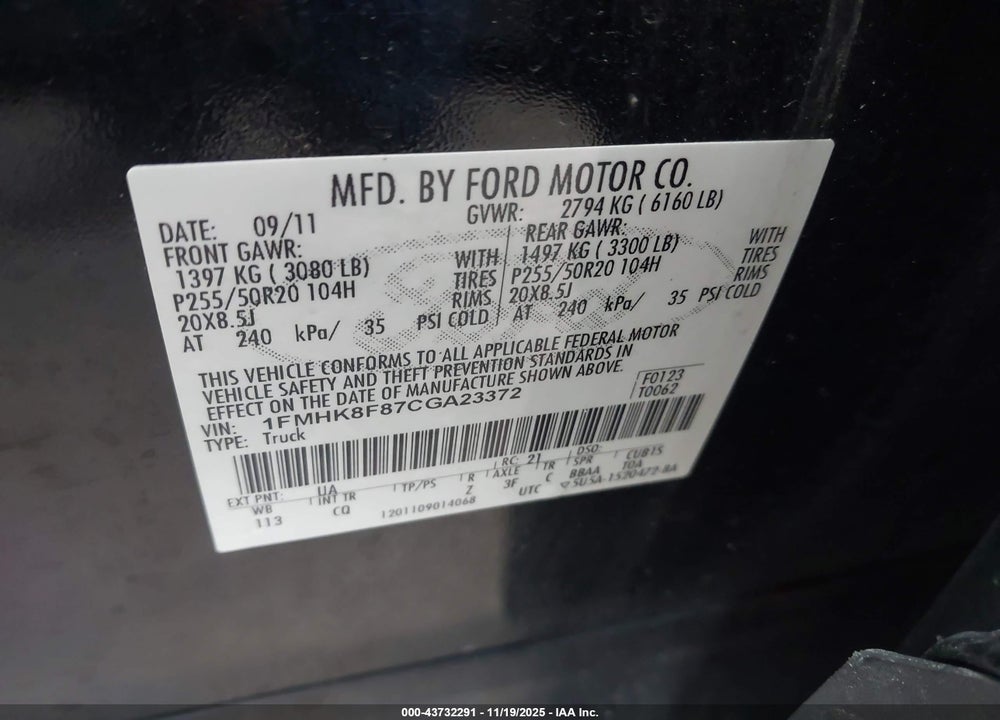 2012 FORD EXPLORER VIN: 1FMHK8F87CGA23372