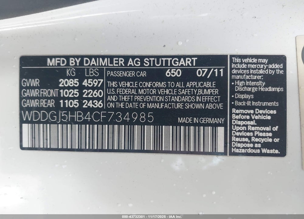 2012 MERCEDES-BENZ C 350 SPORT VIN: WDDGJ5HB4CF734985