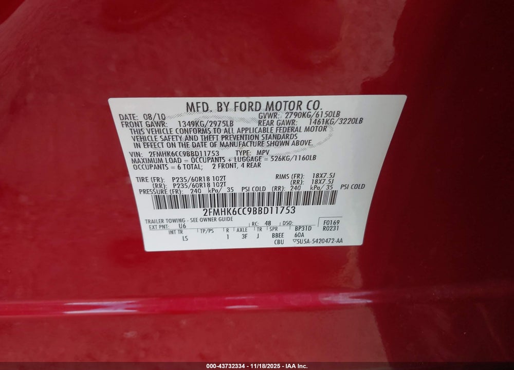 2011 FORD FLEX SEL VIN: 2FMHK6CC9BBD11753