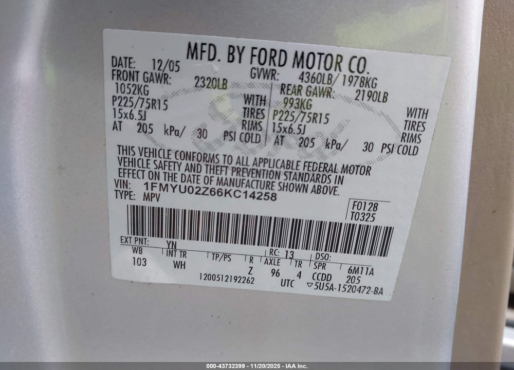 2006 FORD ESCAPE VIN: 1FMYU02Z66KC14258