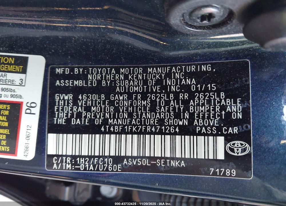 2015 TOYOTA CAMRY LE VIN: 4T4BF1FK7FR471264