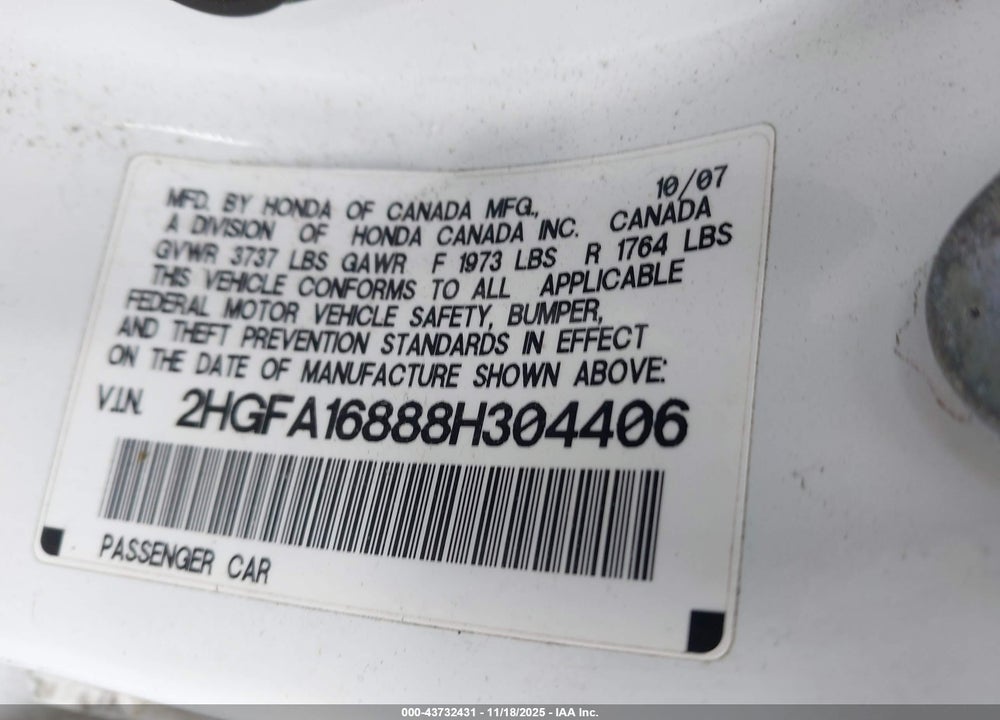 2008 HONDA CIVIC EX VIN: 2HGFA16888H304406