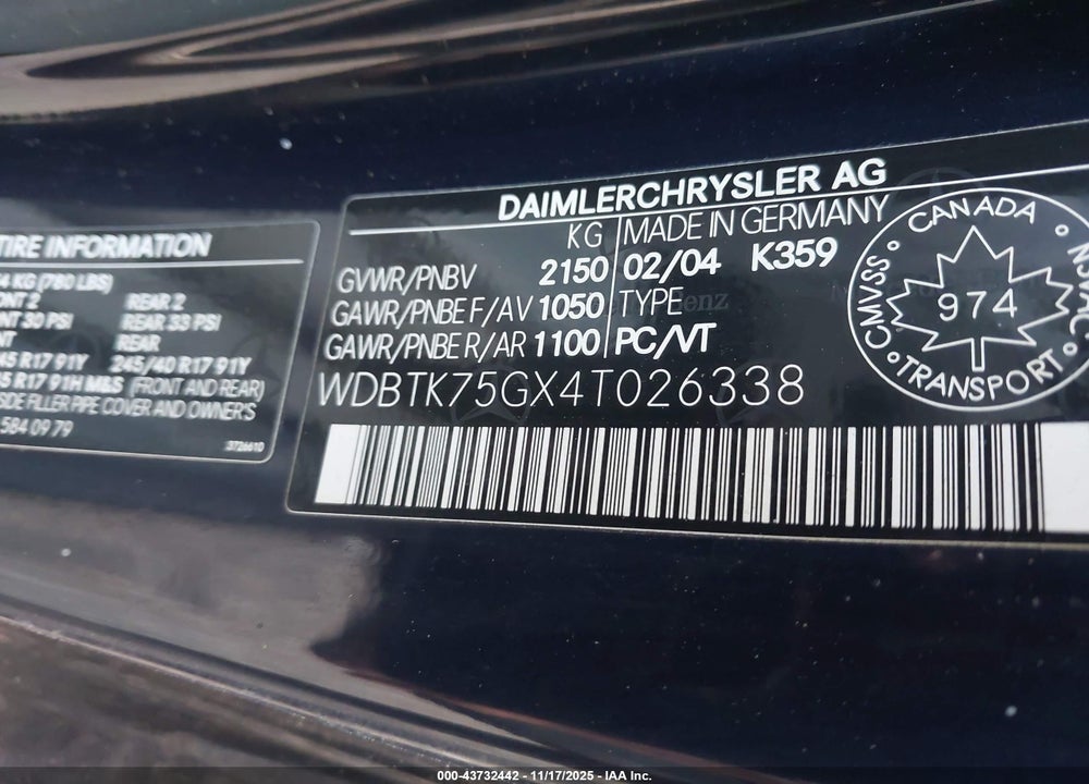 2004 MERCEDES-BENZ CLK 500 VIN: WDBTK75GX4T026338