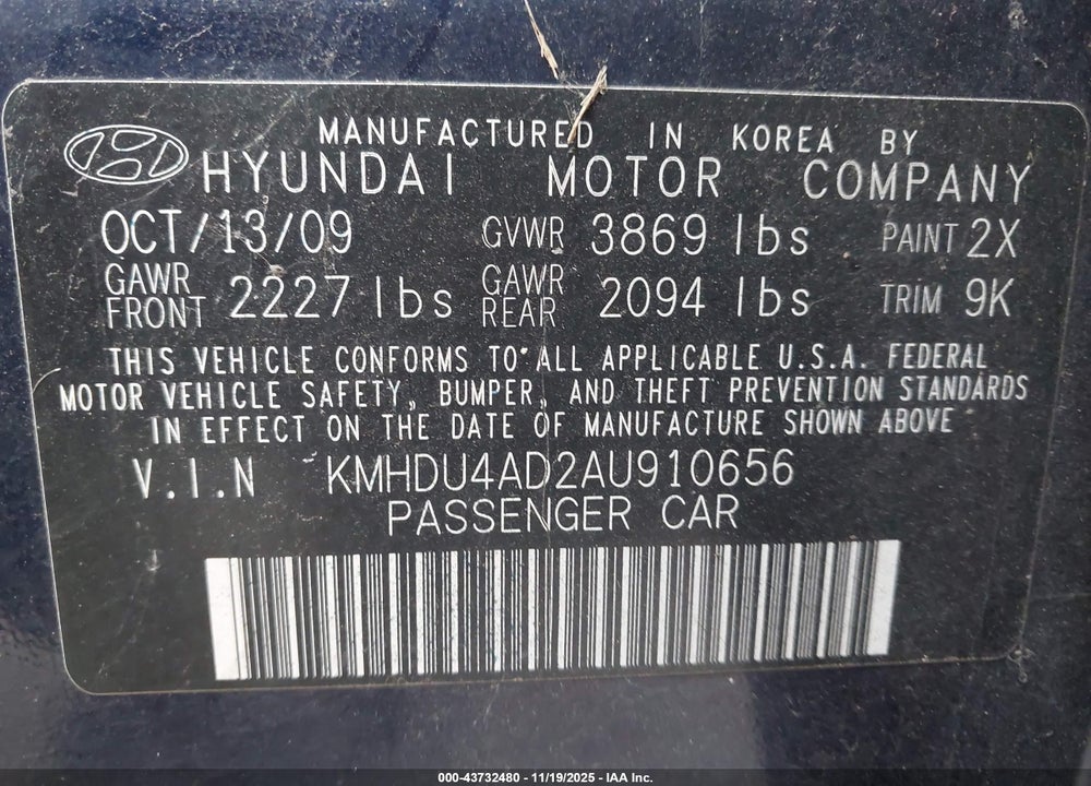 2010 HYUNDAI ELANTRA VIN: KMHDU4AD2AU910656