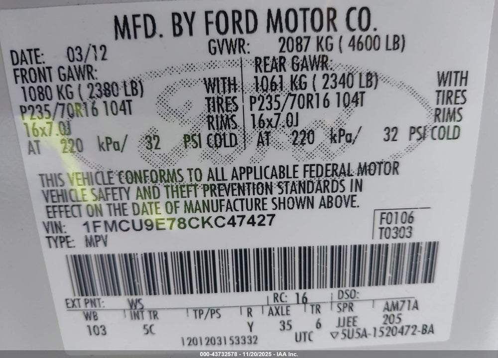 2012 FORD ESCAPE VIN: 1FMCU9E78CKC47427