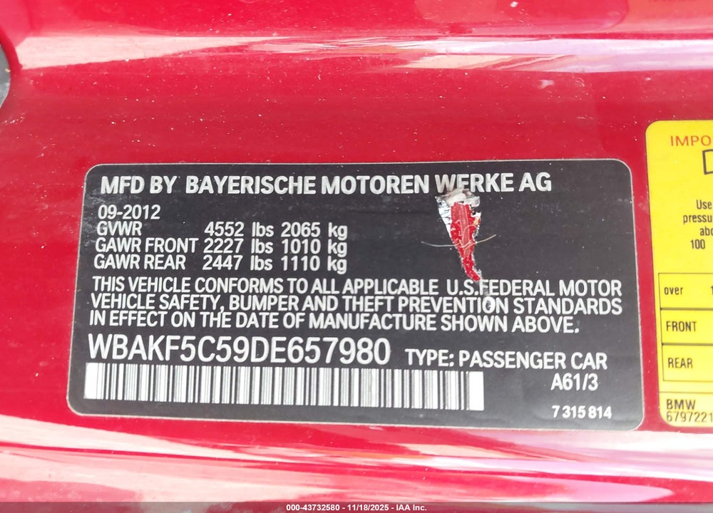 2013 BMW 328I XDRIVE VIN: WBAKF5C59DE657980