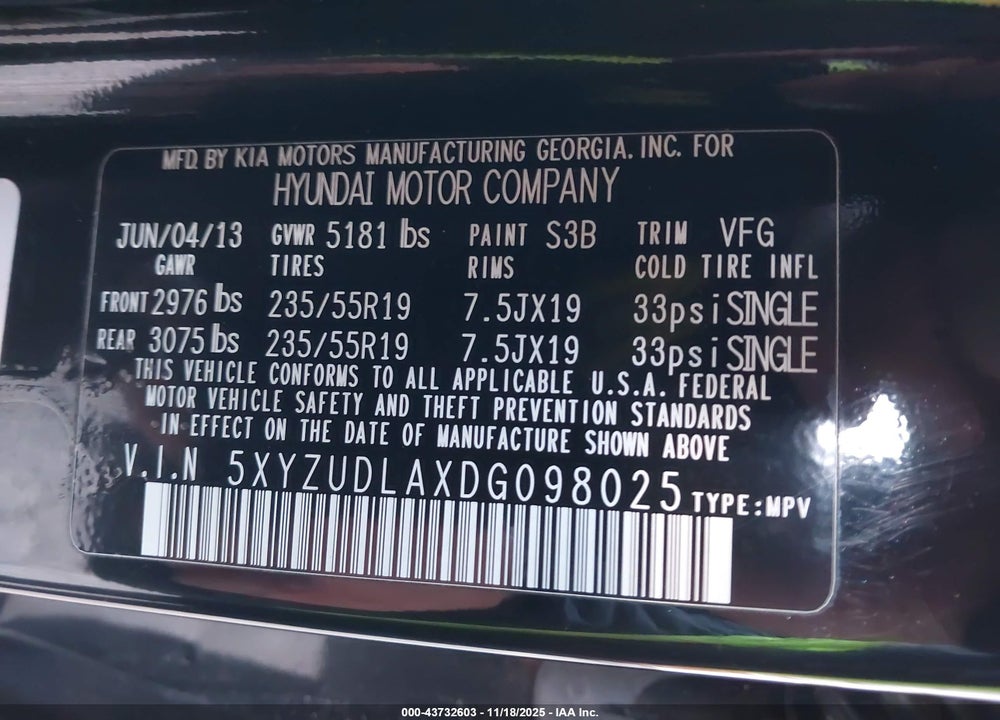 2013 HYUNDAI SANTA FE SPORT 2.0T VIN: 5XYZUDLAXDG098025
