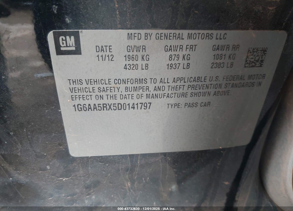 2013 CADILLAC ATS STANDARD VIN: 1G6AA5RX5D0141797