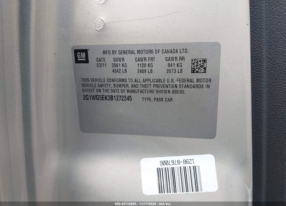 2011 CHEVROLET IMPALA LT VIN: 2G1WG5EK3B1272345