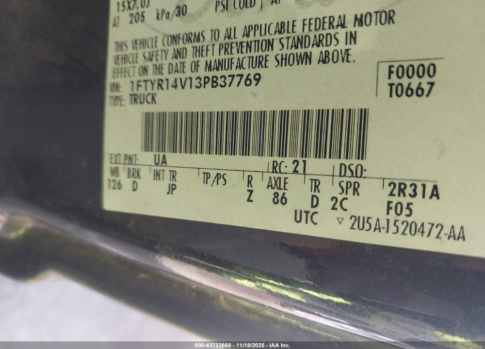 2003 FORD RANGER EDGE/TREMOR/XL/XLT VIN: 1FTYR14V13PB37769