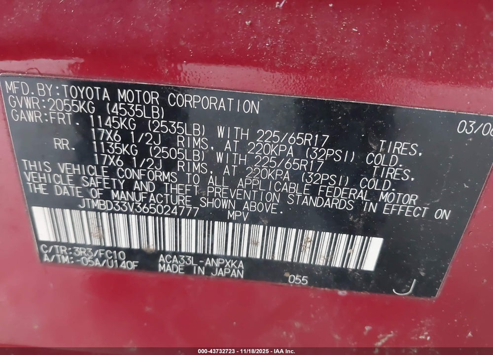 2006 TOYOTA RAV4 VIN: JTMBD33V365024777