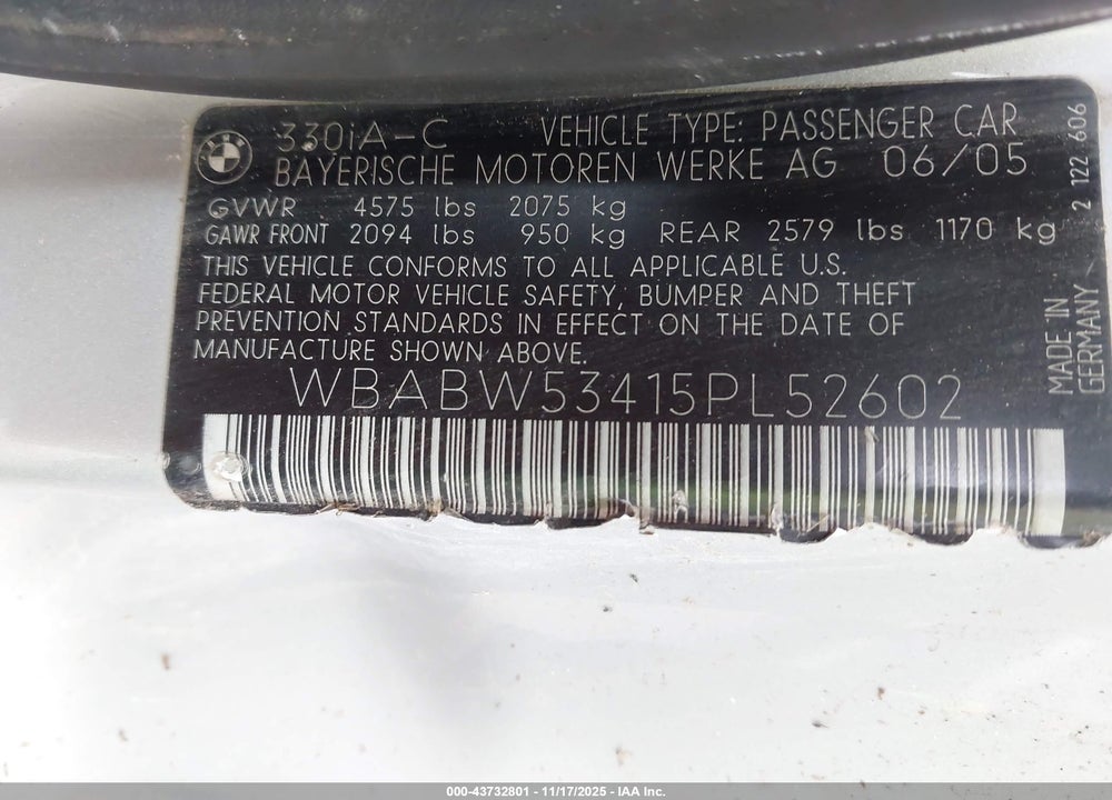 2005 BMW 330CI VIN: WBABW53415PL52602
