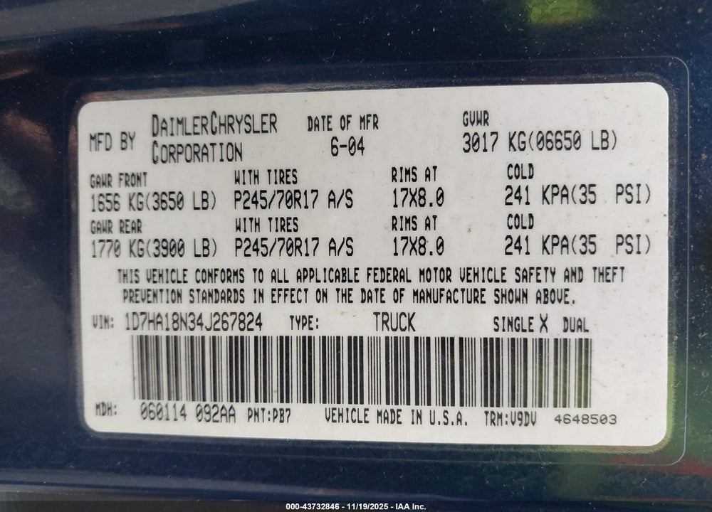 2004 DODGE RAM 1500 SLT/LARAMIE VIN: 1D7HA18N34J267824
