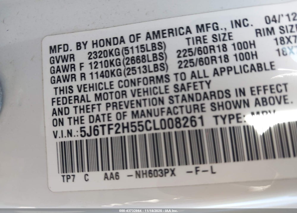 2012 HONDA CROSSTOUR VIN: 5J6TF2H55CL008261