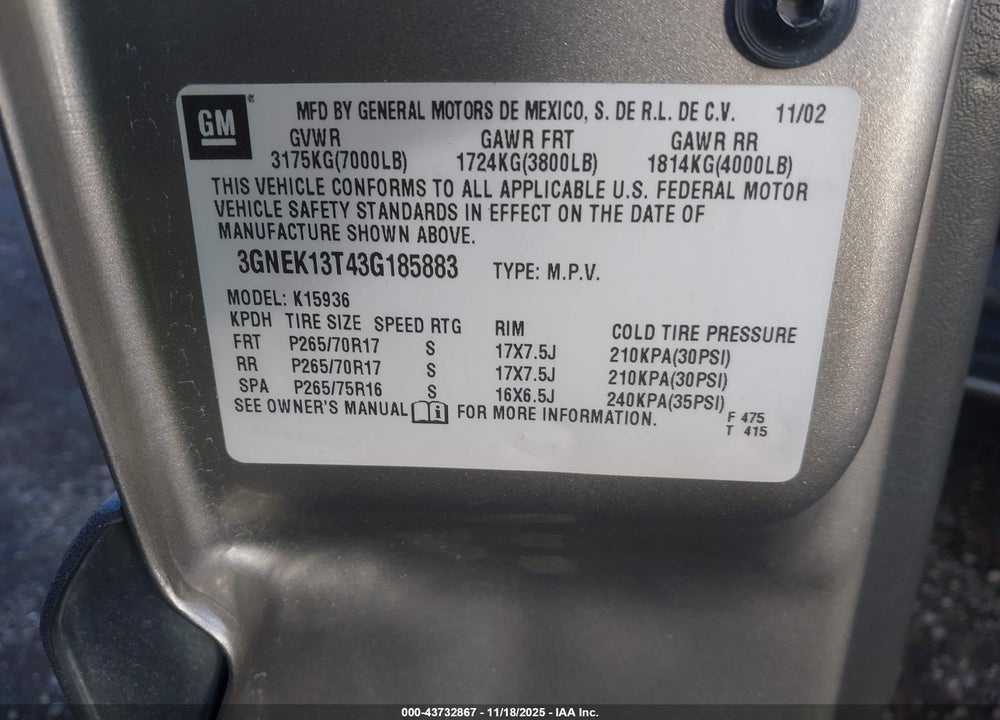 2003 CHEVROLET AVALANCHE K1500 VIN: 3GNEK13T43G185883