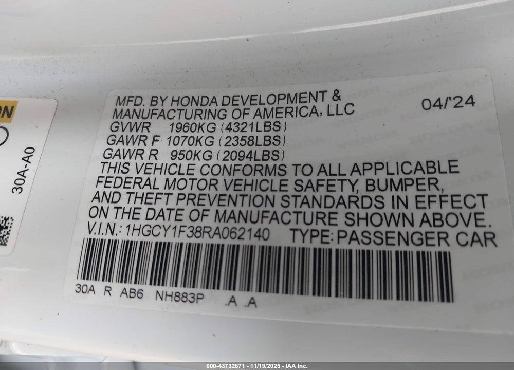 2024 HONDA ACCORD EX VIN: 1HGCY1F38RA062140