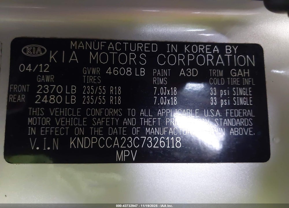 2012 KIA SPORTAGE EX VIN: KNDPCCA23C7326118