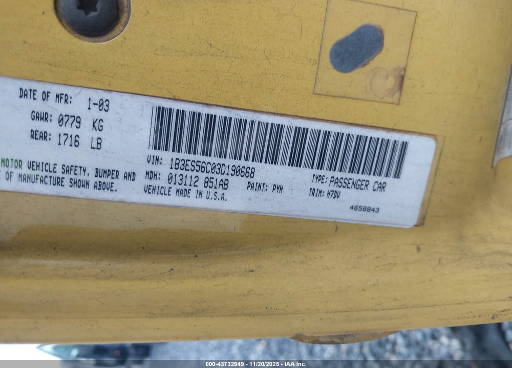 2003 DODGE NEON SXT VIN: 1B3ES56C03D190668