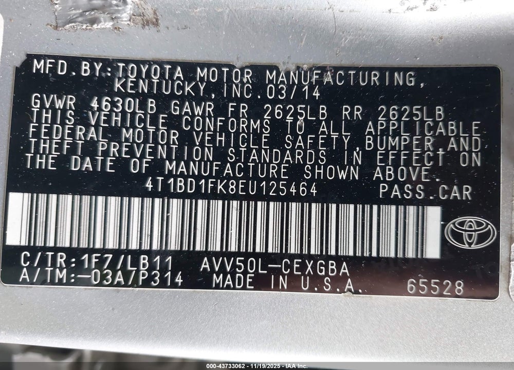 2014 TOYOTA CAMRY HYBRID XLE VIN: 4T1BD1FK8EU125464