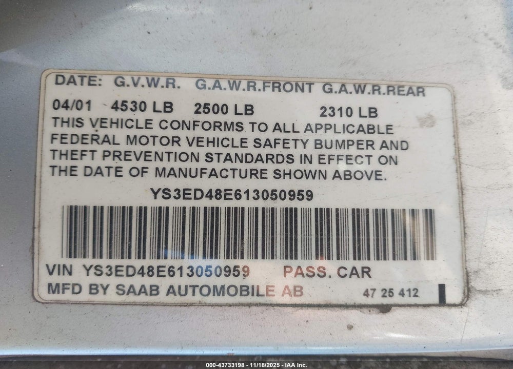 2001 SAAB 9-5 VIN: YS3ED48E613050959