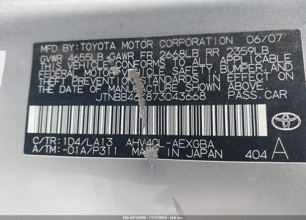2007 TOYOTA CAMRY HYBRID VIN: JTNBB46K873043668