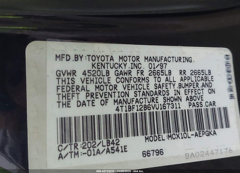 1997 TOYOTA AVALON XLS VIN: 4T1BF12B6VU167311